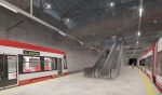 Vizualizace nové podzemní zastávky Západní brána tramvajové trati z Osové k FN Brno s aktualizovanou podobou tramvají 45T v nátěru "Drak"
